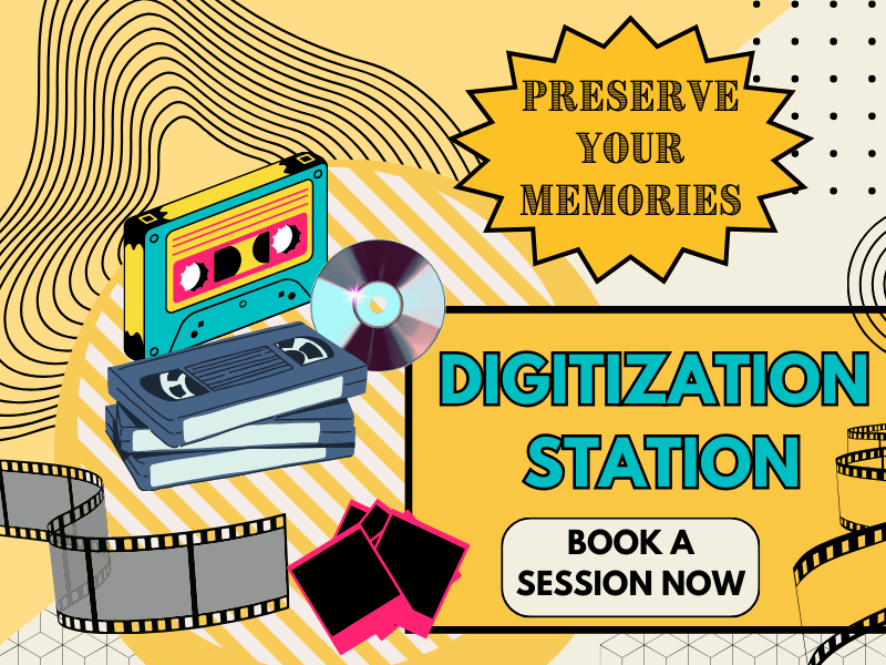 Image Includes: Retro yellow and black designs with cartoons of VHS tapes, cassette tape, DVD disk, photographs, and film strip. Text Reads: Preserve your memories. Digitization Station. Book a Session Now.