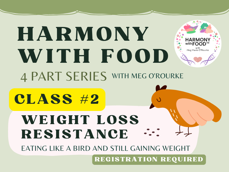 image of bird eating. text reads Harmoney with food 4 part series with meg O'Rourke. Class #2 Weight Loss Resistance. Eating like a bird and still gaining weight. registration required,