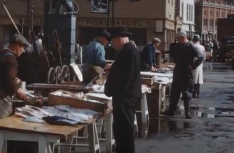 Still image of a fish market in Norway from Flora T. Little film