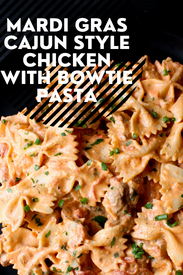 cajun style chicken with bowtie pasta image with text