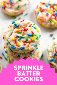 sprinkle cookies with text that reads sprinkle batter cookies