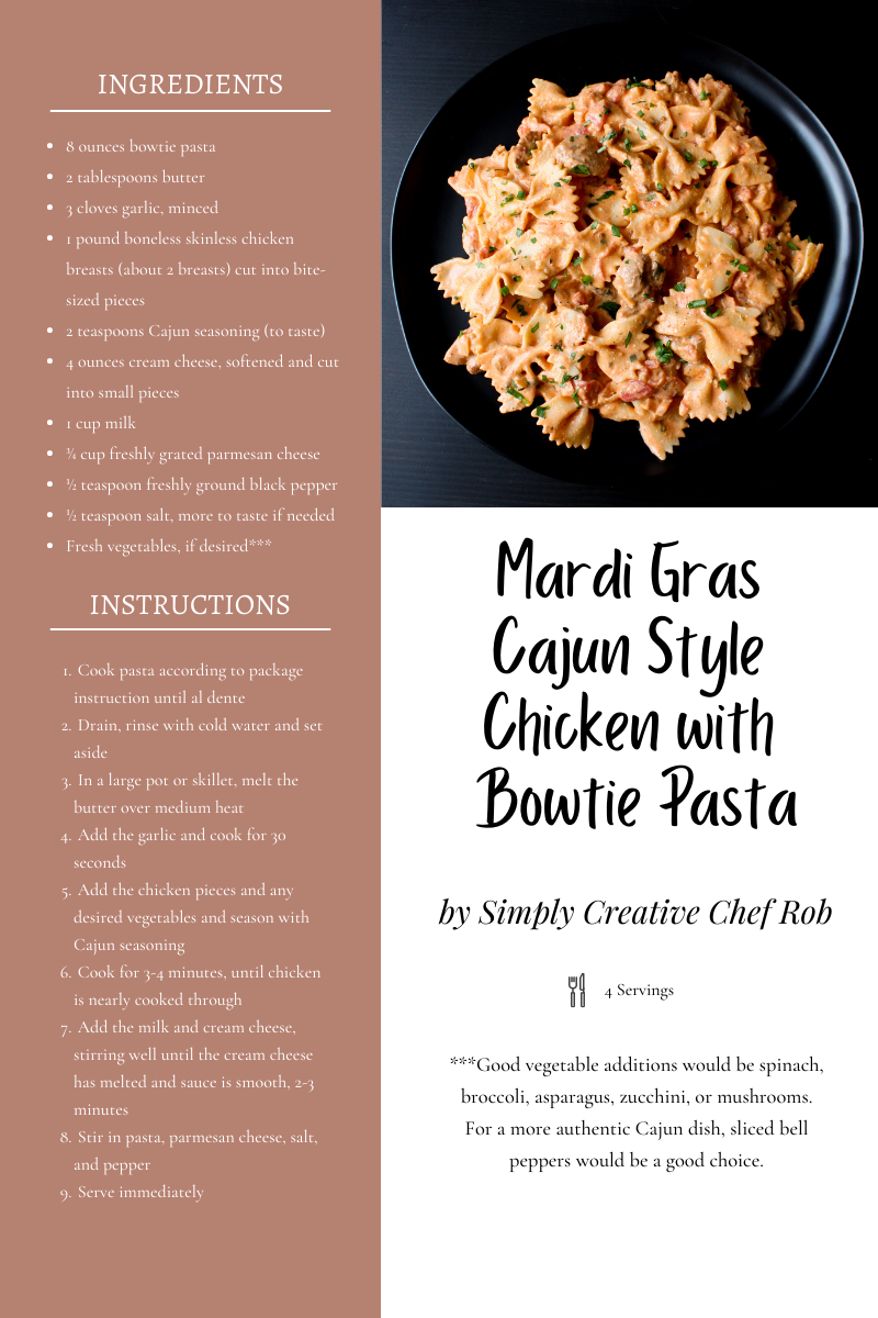 mardi gras cajun style chicken with bowtie pasta recipe