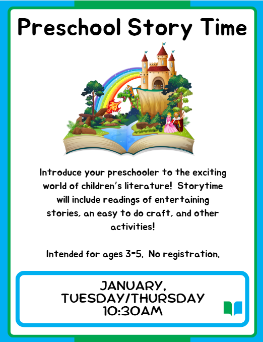 Introduce your preschooler to the exciting world of children’s literature!  Storytime will include readings of entertaining stories, an easy to do craft, and other activities!