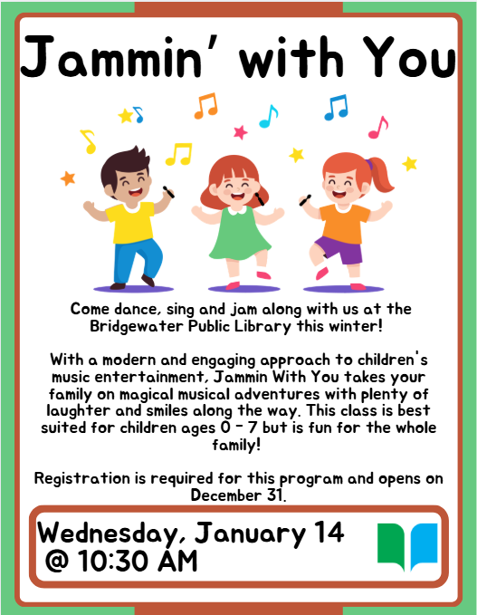 With a modern and engaging approach to children's music entertainment, Jammin With You takes your family on magical musical adventures with plenty of laughter and smiles along the way. This class is best suited for children ages 0 - 7 but is fun for the whole family!   Registration is required for this program and opens on December 31.