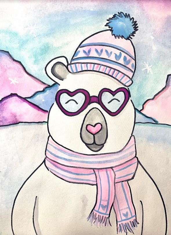 Painting of happy polar bear wearing scarf, hat, and heart shaped glasses. No text.