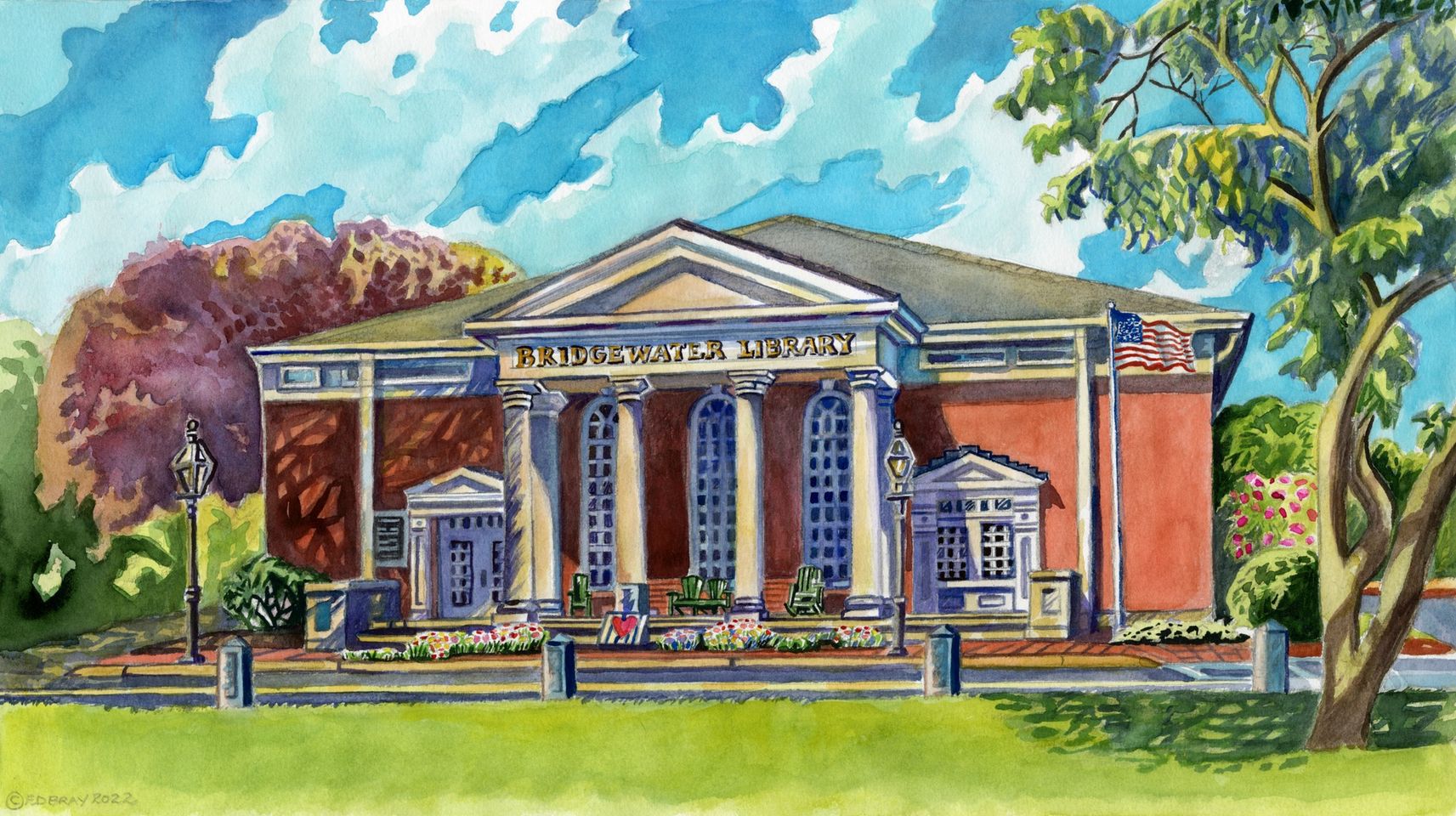 Ed Bray watercolor painting of Bridgewater Public Library