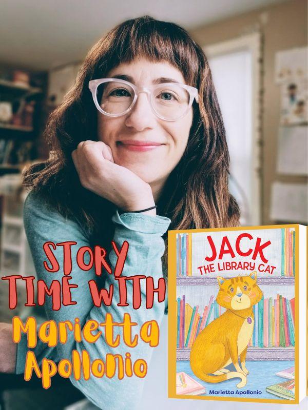 Photo of Marietta Apollonio and the cover of her book, Jack the Library Cat, with text that reads: "Story Time with Marietta Apollonio."
