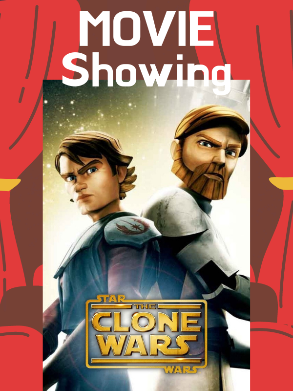 curtains and chairs with clone wars movie image and text that reads movie showing free popcorn