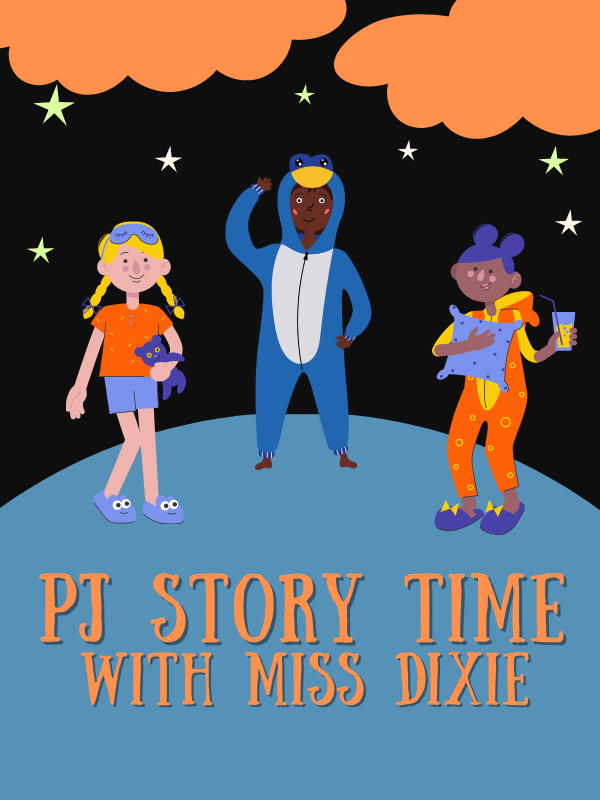 three kids in pajamas with night sky and orange clouds and text that reads pj story time with miss dixie