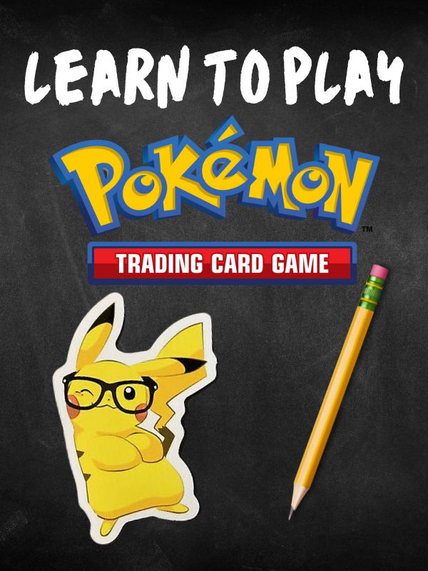 pikachu wearing glasses, pencil, and text that reads learn to play pokemon trading card game