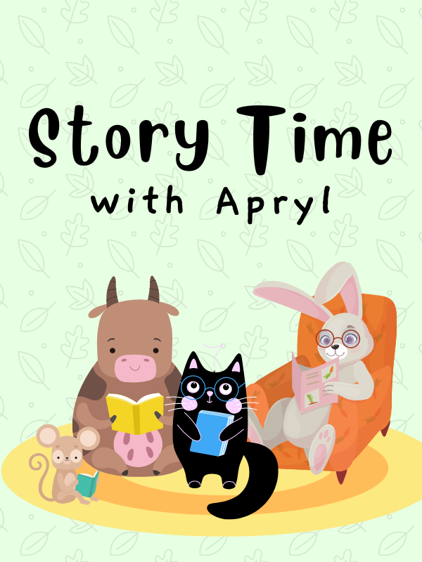 four animals reading on a carpet with text that reads story time with Apryl