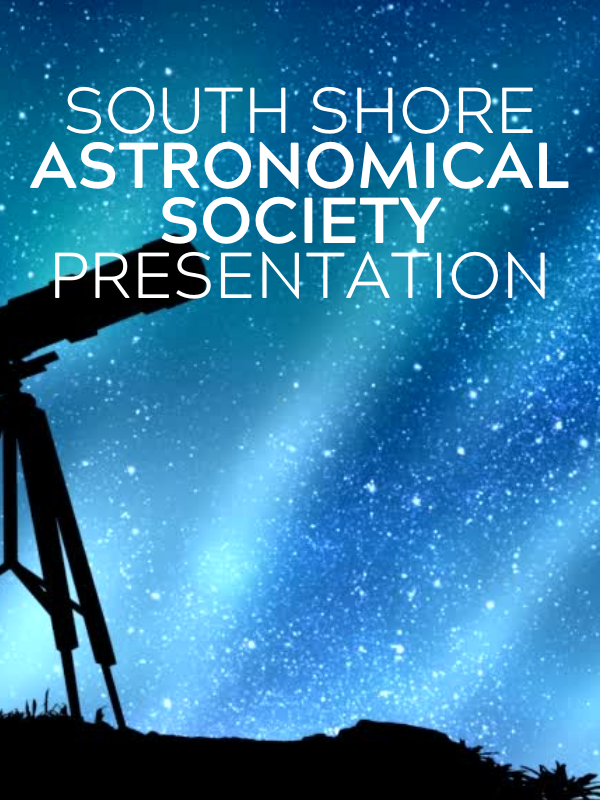 telescope with northern lights image with text that reads south shore astronomical society presentation