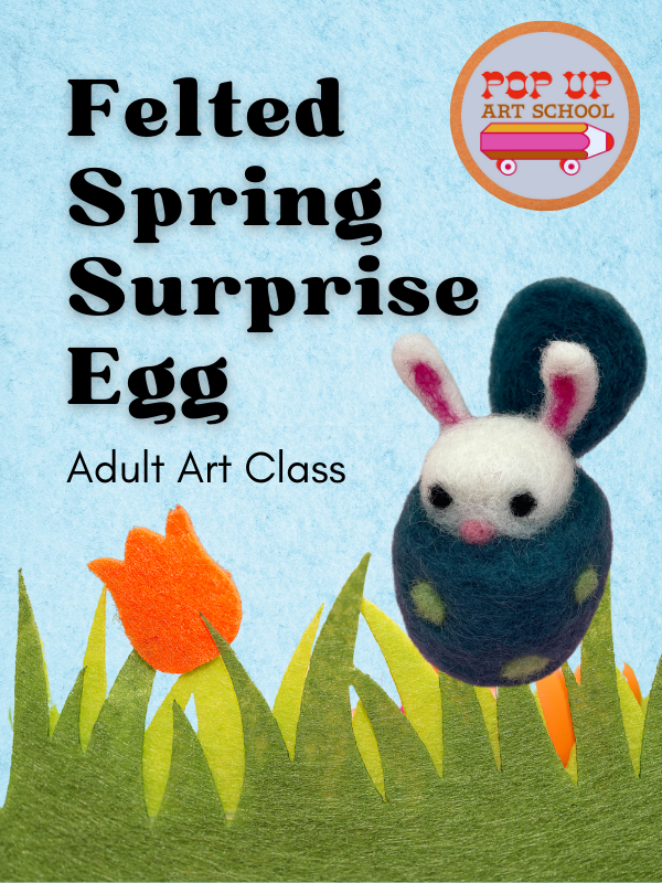 Image includes: blue felt sky background. Felt grass and orange flowers with felt made egg with bunny popping out. Text reads: Felted Sring Surprise Egg. Adult Art Class.