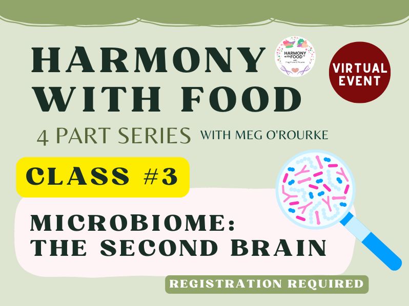 image of magnifying glass of microbiome. text reads Harmony with Food 4 part series with Meg O'Rourke. Class #3 Microbiome: The Second Brain. Viruital Event. Registration Required. 