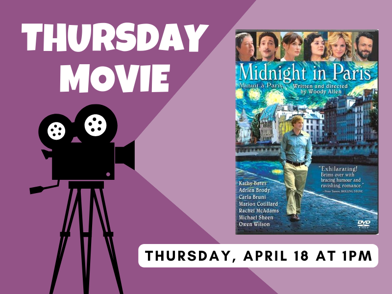 image of old fashioned film camera projecting cover of Midnight in Paris of man walking. Text reads: Thursday, April 18 at 1PM. 